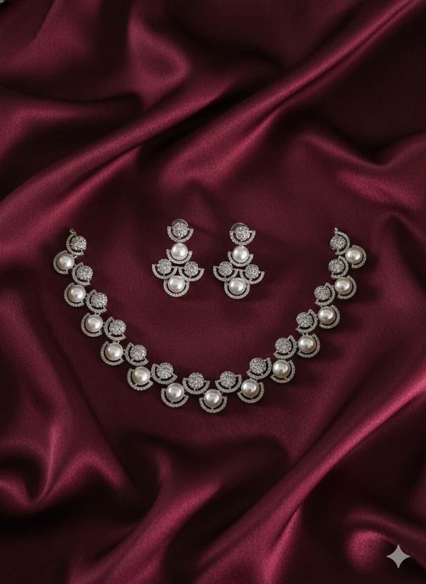 Sparkling AD Halo and Pearl Collar Necklace Set